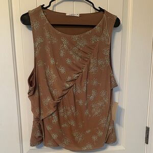 Rebellious dreamer NWT Brown Floral Ruffle tank with asymmetrical ruching
